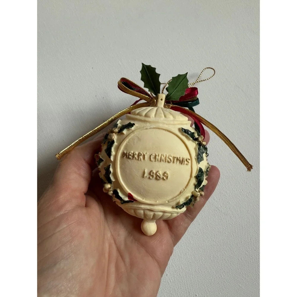 Vintage 1989 Merry Christmas Ornament Poinsettia Holly Ribbon Commemorative 3in